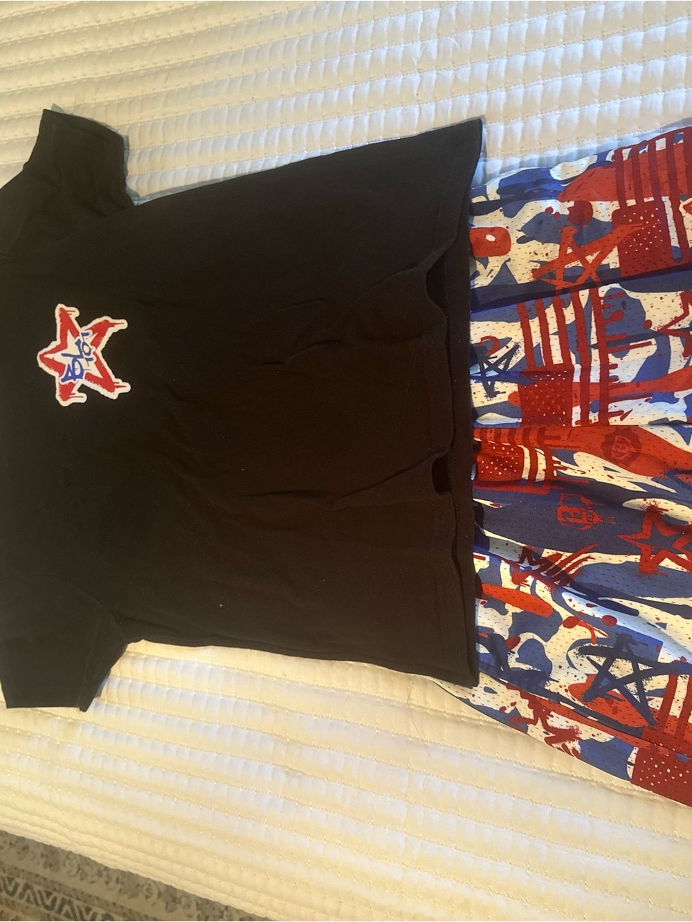 Kids Black Tee & Patriotic Red-Blue Star Print Shorts Matching Set